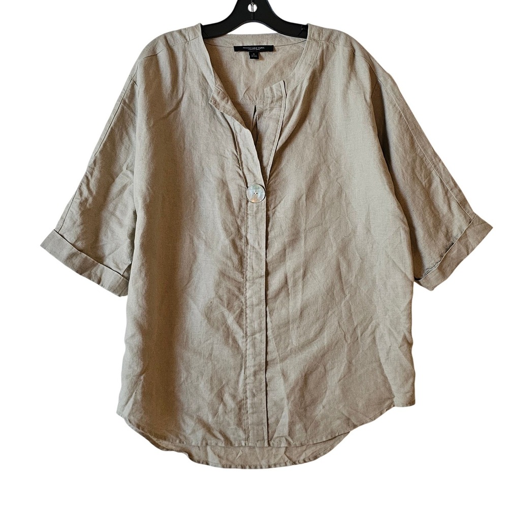 Marc New York Andrew Marc Linen Blend Mandarin Collar Button Front Shirt Top M